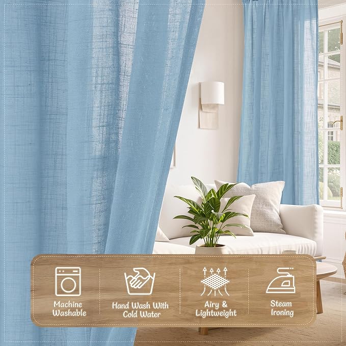 LAMIT Sheer Linen Curtains 63 Inch for Bedroom, Semi Sheer Light Filtering Semi Sheer Farmhouse Drapes Back Tab and Rod Pocket Living Room Windows Country Decor Panels, Blue, 2 Panels, 52 x 63 Inch