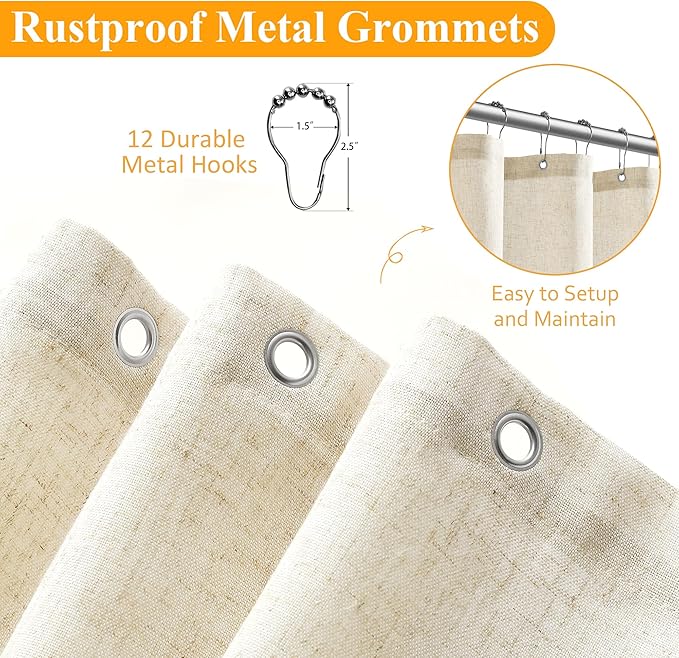 Naturoom Extra Wide Linen Shower Curtain 108x72 for Clawfoot Tub Country Boho Farmhouse Bath Decor Beige Shower Curtains for Bathroom Neutral Cloth Weighted Textured Fabric Bath Curtain, 108 Inch