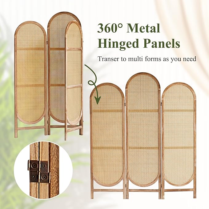 Room Divider Panel, 3 Panel Roomdivider Wall, Wood Room Dividers and Folding Privacy Screens, Rattan Partition Room Dividers, Privacy Dividers for Rooms, Bedroom, Dining Room, Light Brown