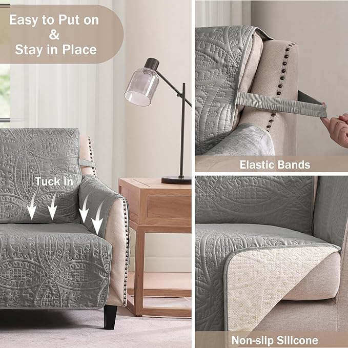 Soft Quilted Couch Cover with Pockets for Extra-Large Sofa, Anti-Slip Sofa Covers Washable for 3 Cushion Pet Friendly, Oversized Sofa Cover Water-Repellent (X-Large Sofa 78", Cool Gray)