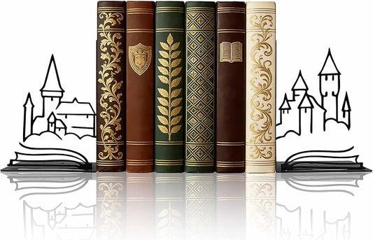 Matte Black Iron Decorative Bookends for Shelves, Fantasy Castle Book Ends for Heavy Books, Unique Vintage Bookends for Kids Books, Metal Book Holders for Bookshelf Decor