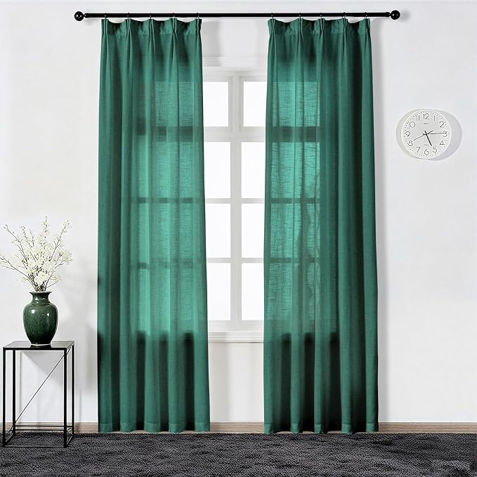 Emerald Green Curtains Semi Sheer 90 Inches Long, Dark Linen Textured Living Dining Room Sliding Glass Door Curtains & Drapes, Hunter Green Window Panel, Pinch Pleat Curtain with Hook