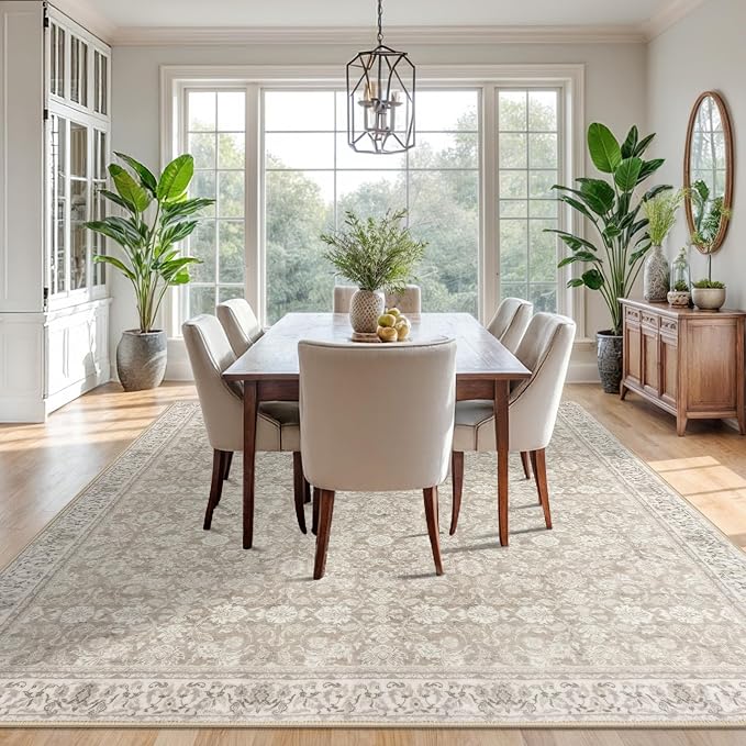 SIILOOM 9x12 Area Rug, Cream Beige Yellow White Grey Large Washable Rug for Living Room with Non-Slip Soft Vintage Bedroom Rugs Traditional Farmhouse Carpet for Nusery Dining Room Office Home Décor