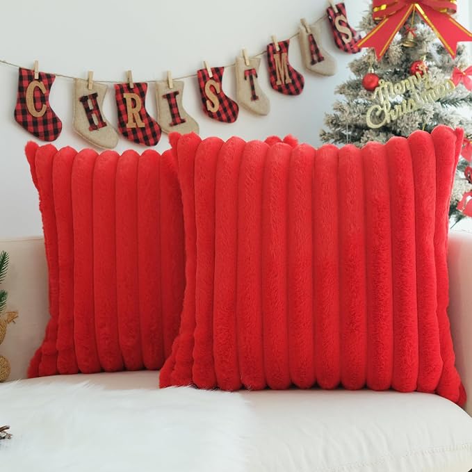 JOJUSIS Pack of 2 Faux Fur Plush Decorative Throw Pillow Covers Couch Cushion Case Soft Pillowcases (Red, 18 x 18-Inch)