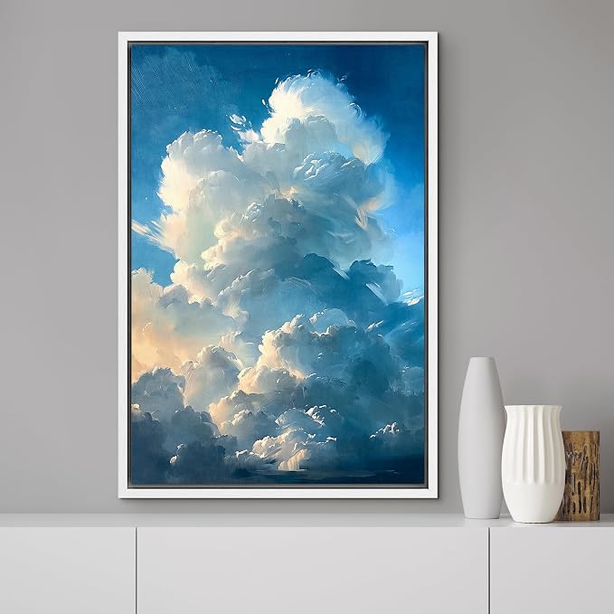 MUDECOR Framed Canvas Print Wall Art Vivid Blue Skyscape Dreamy Cloud Illustrations Digital Art Decorative Bohemian Contemporary for Bedroom - 16"x24" White
