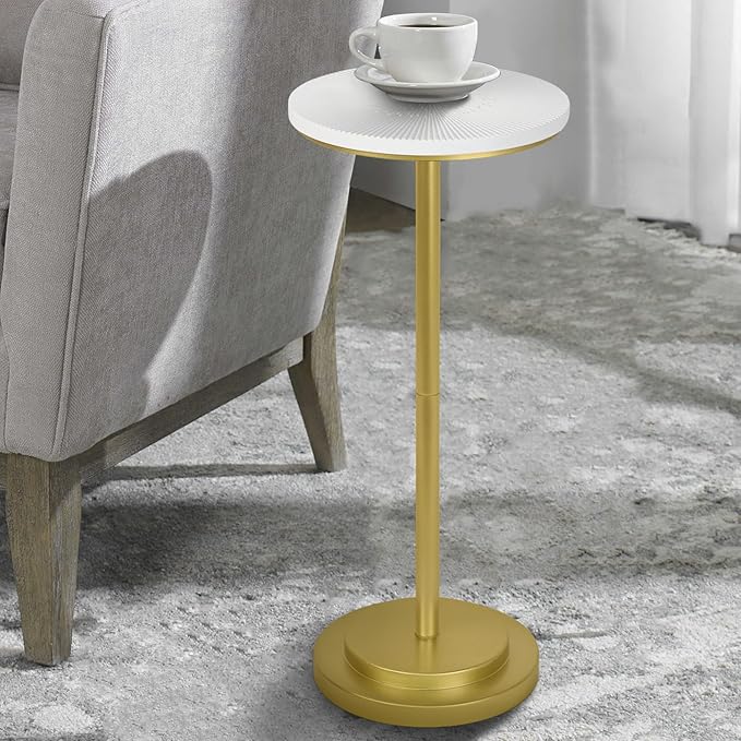 COVLON Drink Table, Carved Table Top Small Pdestal Martini SideTable for Living Room, Bedroom, Modern, Weighted Base, White and Gold