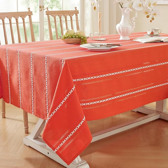 Chassic 60 x 104 inches Farmhouse Style Linen tablecloths, Wrinkle Resistant Washable Dining Room Table Cloths for 6 Foot Rectangle Tables - Hemstitch Maple Orange