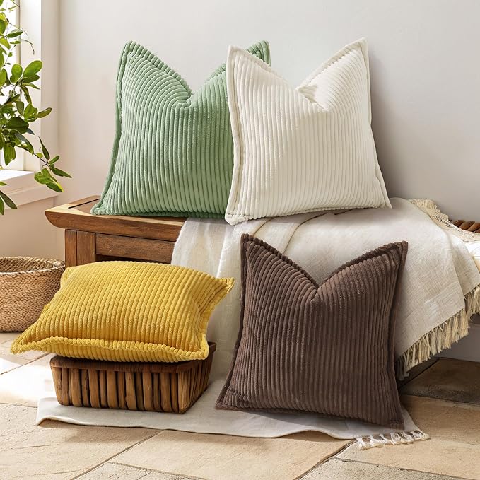 decorUhome Summer Corduroy Dark Brown Euro Sham Throw Pillow Covers 24x24 Set of 2 Decorative Soft Boho Farmhouse Couch Pillow Covers for Living Room Bed Sofa Broadside Striped Pillow Cases