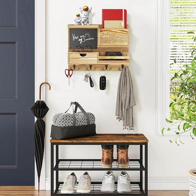 Farmhouse Key Holder for Wall with Mail Organizer - Easy Installation Wall Mount Organizer, Includes Chalkboard, Drawer, Wallet Holder & 4 Double Hooks, Ideal for Entryway, Quick Access - Light Brown