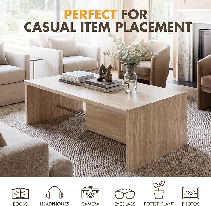 Hyfirm Faux Travertine Coffee Table for Living Room: Rectangular Minimalist Coffee Table with Sturdy Frame Contemporary Accent Tables for Office Apartment Family Room Center Table (Natural Beige)