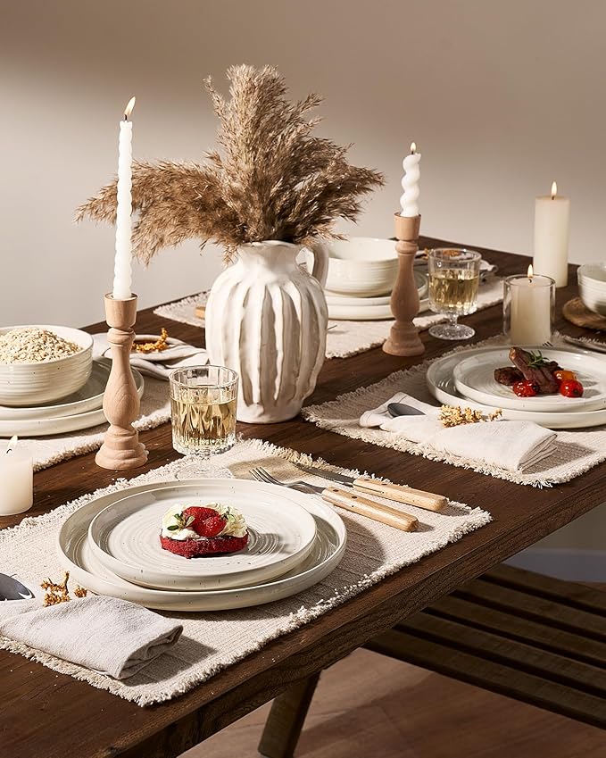 12-Piece Stoneware Dinnerware Set for 4, Flared Plates and Bowls with Reactive Glaze, Speckles & Spirals, Chip & Scratch Resistant Dishes, Dishwasher Safe, Modern Rustic, Shell Beige