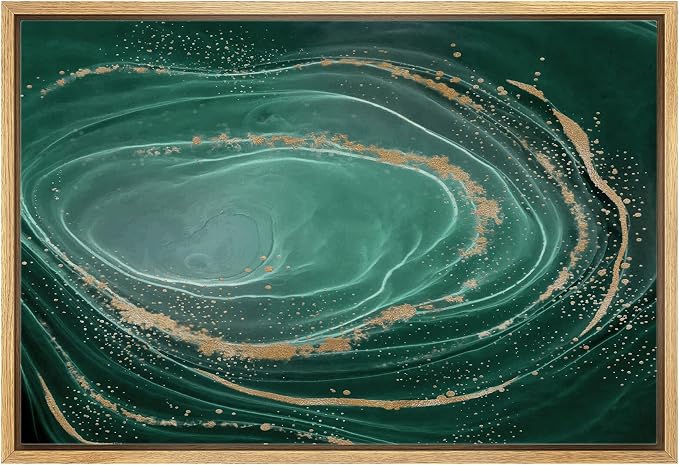MUDECOR Framed Canvas Print Wall Art Emerald Green Marble Swirl with Gold Accents Minimalist Illustrations Digital Art Decorative Bohemian Contemporary for Bedroom - 16"x24" Natural