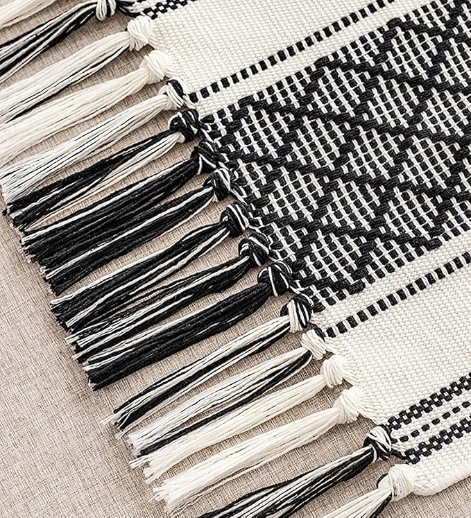 Wracra Boho Woven Table Runner 14 x 48 inches Black and White Rustic Table Runners Modern Farmhouse Style Vintage Rustic Table Runner with Tassels for Dresser Home Dining Table Decor(Black, 48")