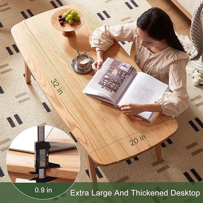 Modern Solid Oak Wood Coffee Table, 2-Tier Small Wooden Coffee Table with Storage Shelf for Living Room, Apartment, Office, Natural (32''D x 20''W x 18''H)