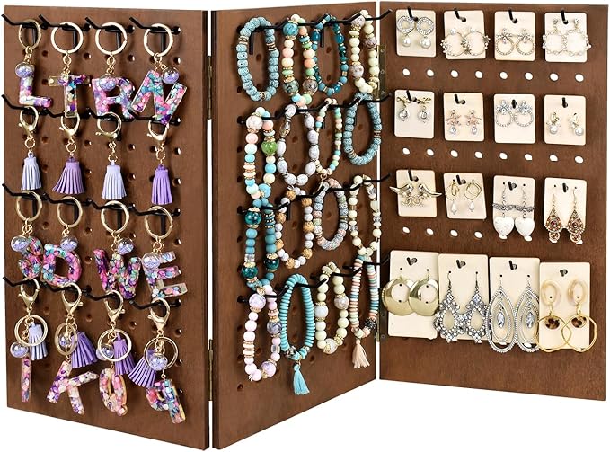 MOOCA Wall-Mountable Wooden Foldable 3-Panel Pegboard Jewelry Display Organizer with 48 Removable Black Hooks, Vertical or Horizontal Display, Ideal for Travel, Brown Color