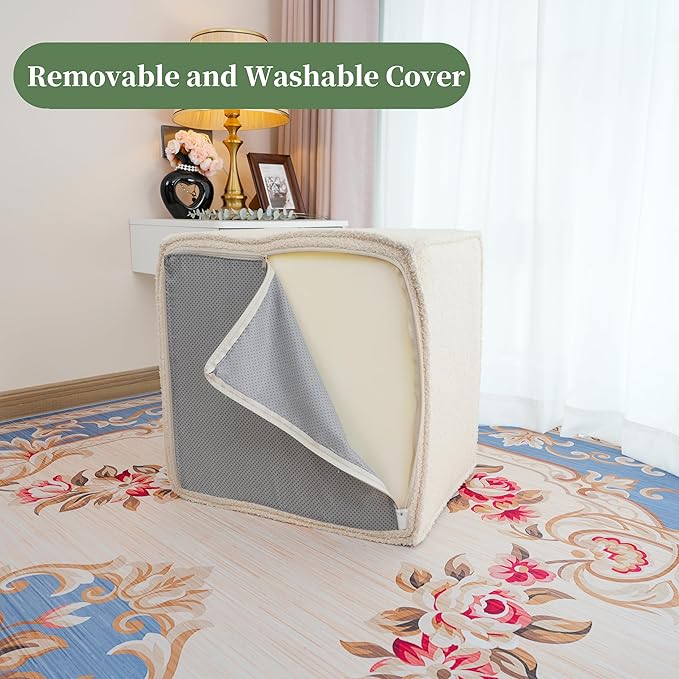 Square Ottoman Foot Rest,Small Pouf for Couch,Coffee Table - Boucle Upholstered Foot Stools Applicable to Living Room & Bedroom & Dorm - Compressed Poufs,Beige