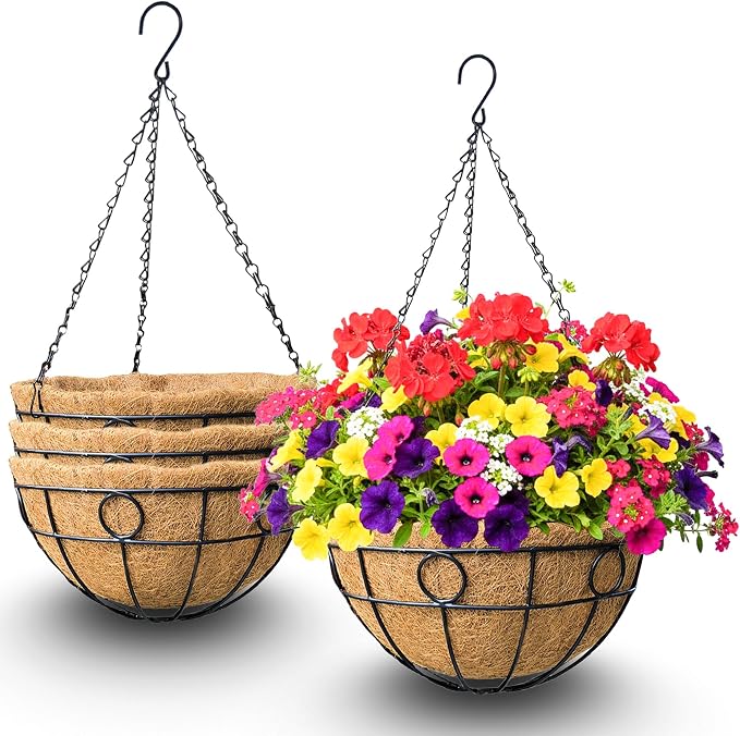 4 Pack 12 Inch Hanging Baskets for Plants Outdoor Metal Hanging Planters Round Hanging Flower Pots with Coco Coir Liner Plant Holder for Outdoor Patio Garden Balcony Decor - Circular