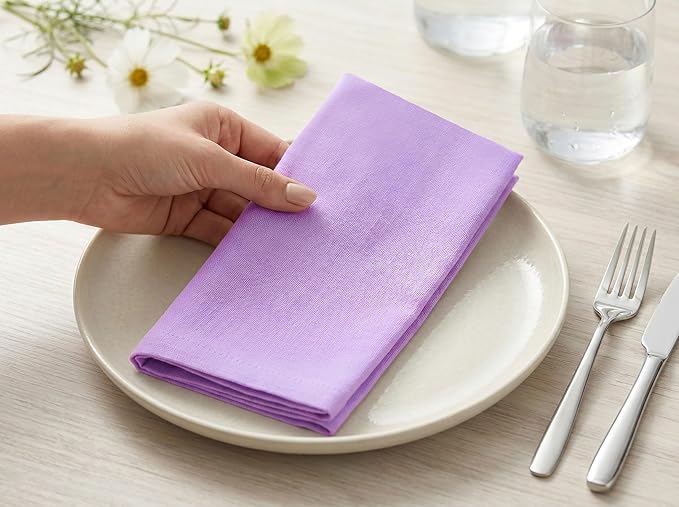 PurpleEssences Set of 12 Cloth Dinner Napkins 100% Cotton 18x18 Inch - Soft Durable Washable - Ideal for Farmhouse Party Spring Easter Summer - Perfect Everyday Use Table Linen - Lavender