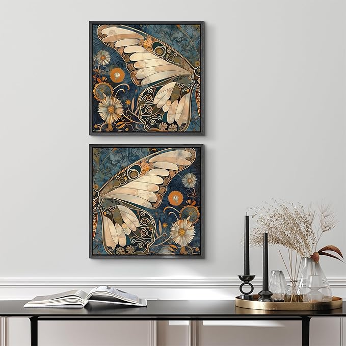 SIGNFORD Framed Canvas Print Wall Art Set Vintage Butterfly Floral and Insect Illustrations Modern Art Minimal Relax/Calm for Living Room, Bedroom, Office - 24"x24"x2 Black