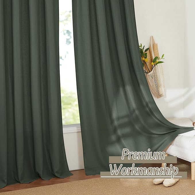 RYB HOME Hunter Green Linen Sheer Curtains 84 inches 2 Panels - Semi Transparent Rod Pocket Light Filtering Farmhouse Drapes for Living Room, Bedroom, Office, W 52" x L 84"