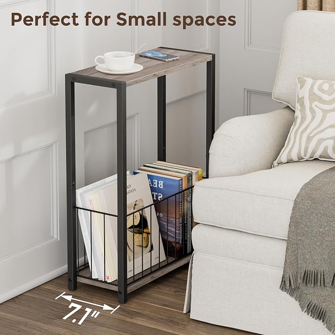 Homleke Narrow Side Tables Set of 2 with Magazine Holder, Skinny End Tables Perfect for Small Spaces, Space-Saving Design for Living Room, Bedroom, or Office, 7.1" D x 16.9" W x 23.6" H, Greige