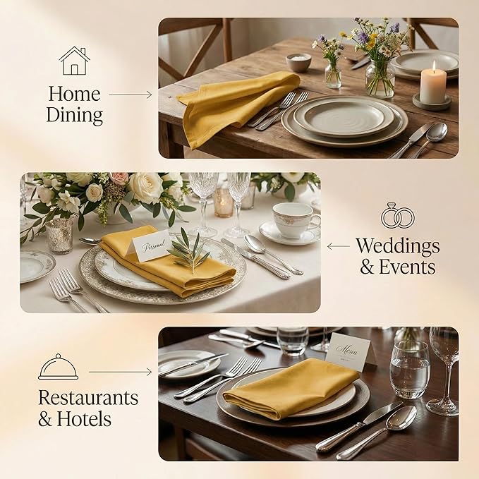 Accent Home 100% Cotton Napkins, Delicate Cloth Napkins for Dinners, Parties and Weddings，18 x 18 Inch Set of 12 - Mustard