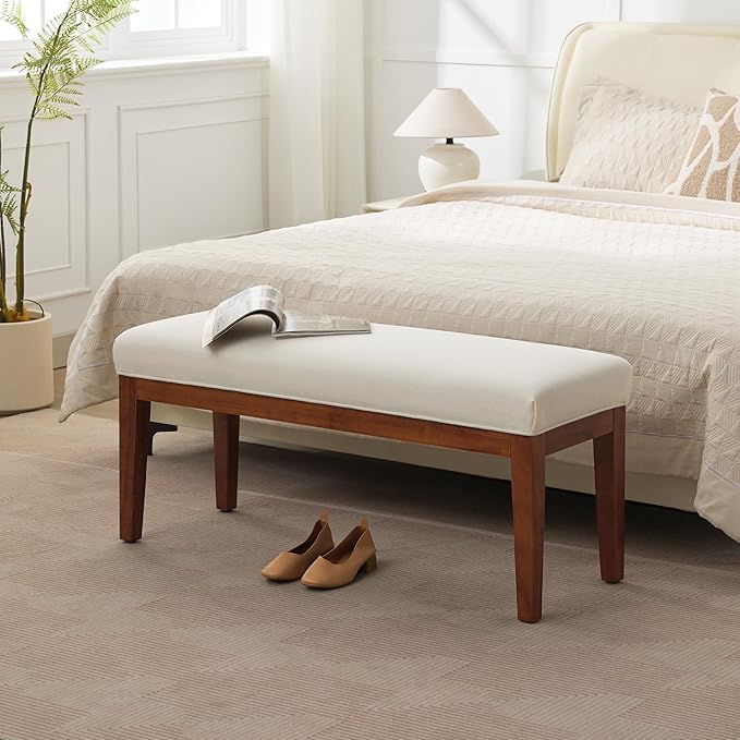 WUTUTUEE 43.5'' Linen Bedroom Bench, Upholstered End of Bed Bench, Padded Vintage Dining Bench, Entryway Bench with Solid Wood Legs, Kitchen, Living Room, Hallway, White