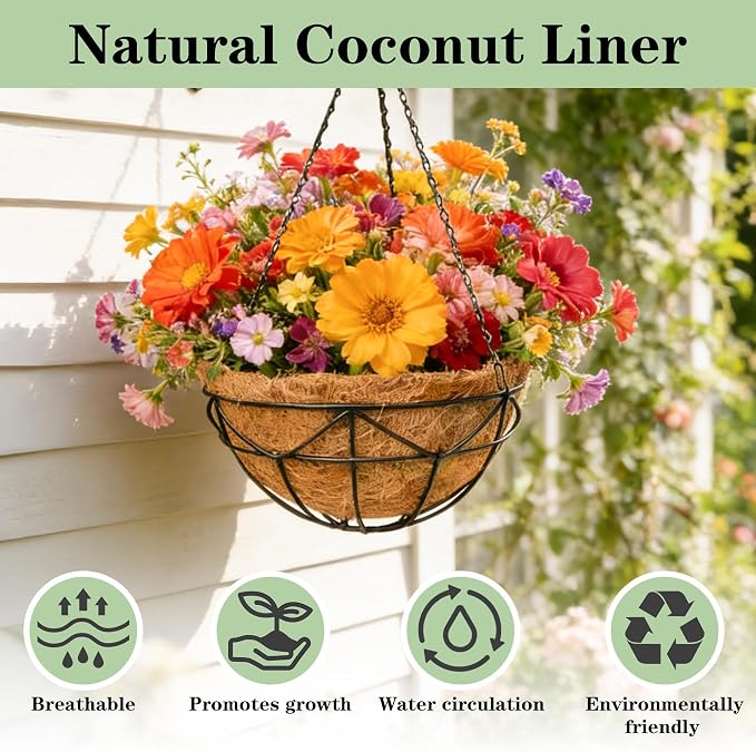 4 Pack 14 Inch Black Metal Hanging Planter Baskets with Coco Coir Liner Sturdy Hanging Flower Basket for Outdoor Indoor Garden Porch Patio Balcony Decor (Geometric)