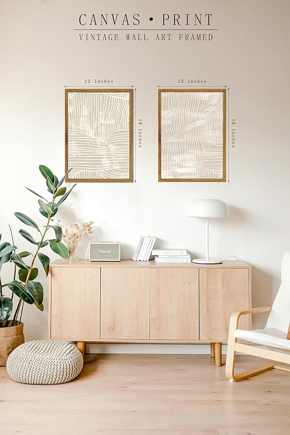ARTZIO Framed Canvas Wall Art–Abstract Mid‑Century Minimalist Boho Vintage Set of 2 Beige Prints,Ready to Hang for Living Room,Bedroom, Bathroom & Office–12×16″