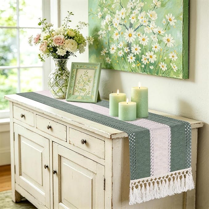 yuboo Sage Green Table Runner 72 Inches for Boho Farmhouse Decor, Cotton Woven Table Runners with Tassels for Gender Reveal Party, Rustic Green Dining Table Decor for Wedding & Baby Shower