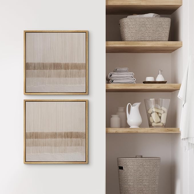 SIGNFORD Framed Canvas Print Wall Art Set Neutral Stripe Abstract Beige & Taupe Illustrations Modern Art Minimal Relax/Calm for Living Room, Bedroom, Office - 16"x16"x2 NATURAL