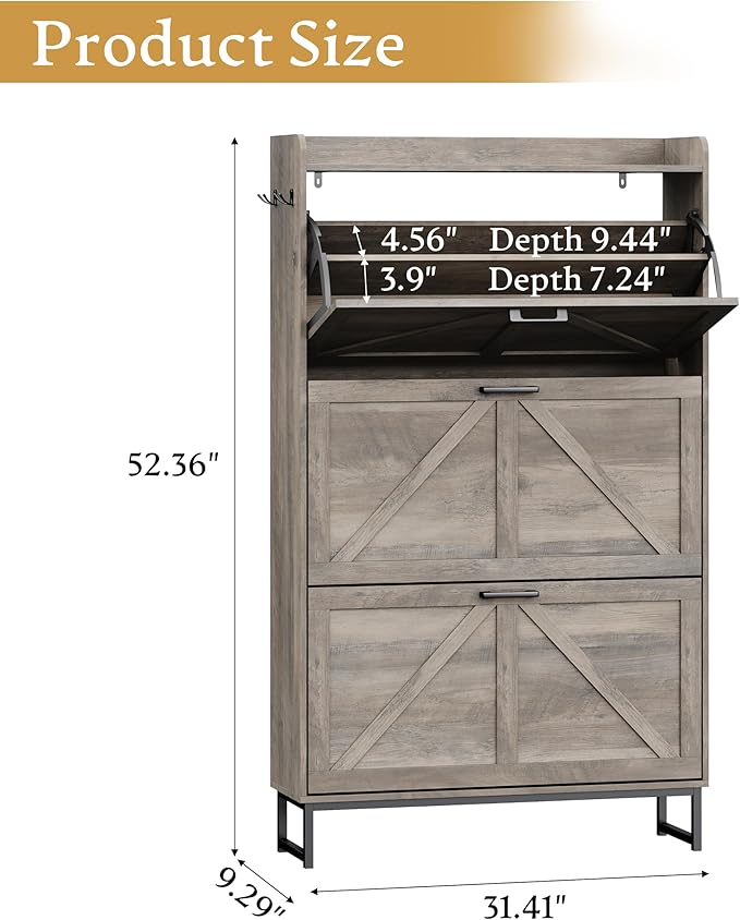 Wodeer Shoe Cabinet Storage for Entryway, Shoe Storage Cabinet with 3 Flip Drawers, Freestanding Narrow Shoe Rack Organizer with Metal Legs & Side Hook for Foyer, Hallway, Grey