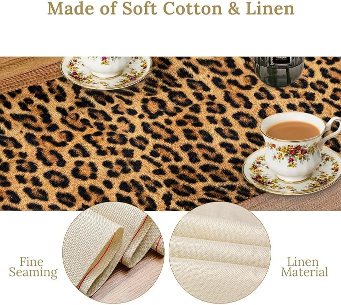Leopard Print Table Runner,Wildlife Safari Animal Style Pattern Table Runner for Coffee Table Dining Room Table Bedroom Party Holiday Decor 13x36inch