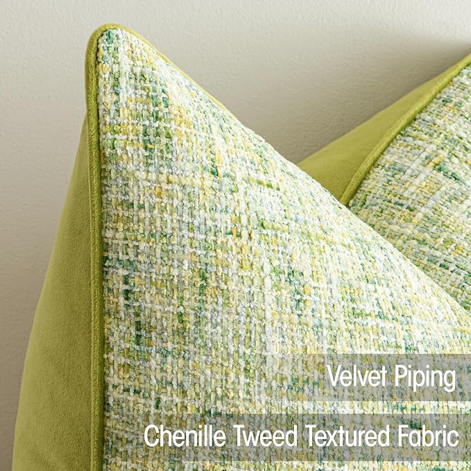 a moment Green Reversible Pillow Covers 2 Pack - Farmhouse Chenille Velvet Throw Pillows, Neutral Textured Decorative Throw Pillow Covers with Border for Couch Sofa Bed (22x22 Inch, No Insert)
