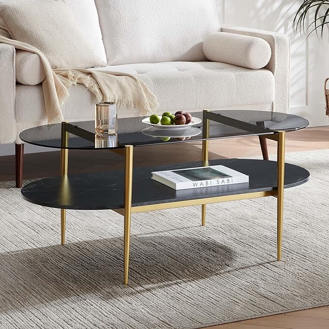 LumFurn Oval Glass Coffee Table, Mid-Century Modern Design, L41 x W21 x H17 inch, for Living Room, Grey Glass Top, Black Marble Finish Wood Shelf & Gold Finish Frame