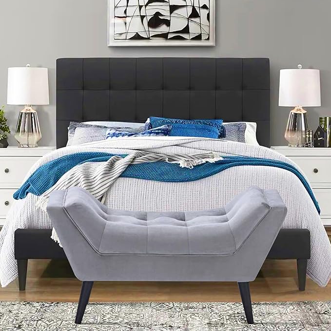 Alunaune Velvet Tufted Ottoman Bed Bench for Bedroom End of Bed Bench Ottoman, Upholstered Small Entryway Bench Modern Storage Footstool Bench with Wooden Legs-Light Gray