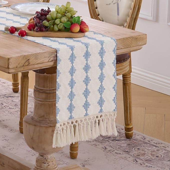 Fancy Homi Light Blue Boho Cotton Polyester Table Runner 72 Inches Long, Farmhouse Macrame Table Runners with Tassels for Home Party Bohemian Rustic Bridal Shower Kitchen Dining Decor 12x72 Inches