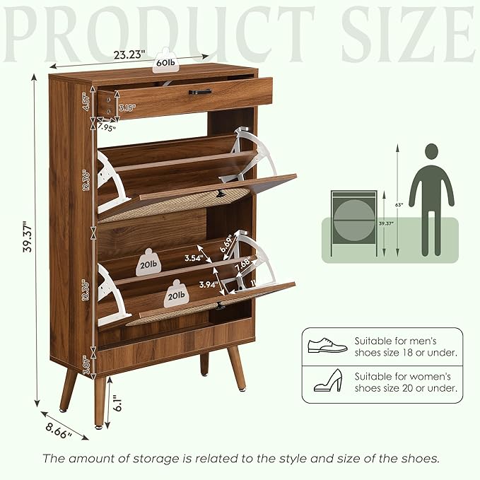 Yechen Shoe Rack Storage Organizer with 2 Natural Semi-Circular Rattan Doors, Entryway Wooden Shoe Cabinet for Sneakers, Leather Shoes, High Heels, Slippers (1 Piece, Walnut)