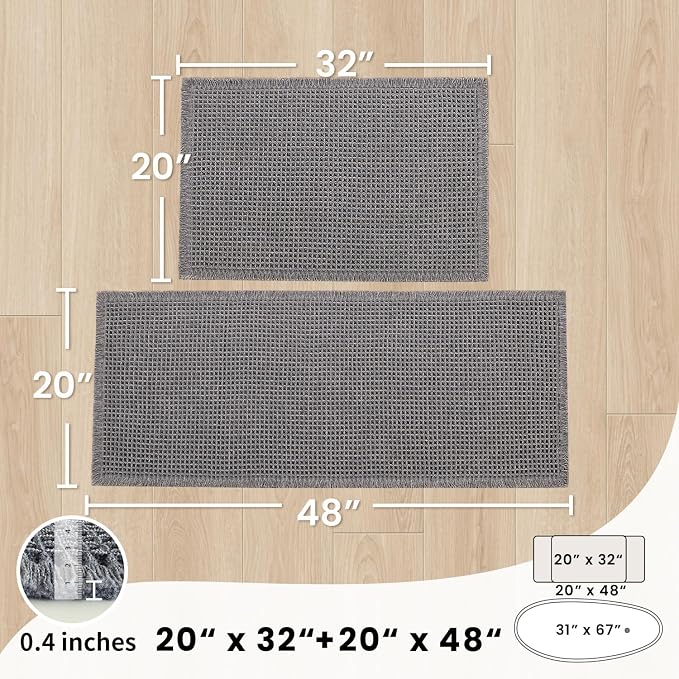 Large Bathroom Rugs Sets 2 Piece - Waffle Bath Mat Non Slip, Extra Absorbent Washable Bathroom Mats for Tub and Shower, Quick Dry Spa Decor, 20x32 & 20x48, Dark Grey