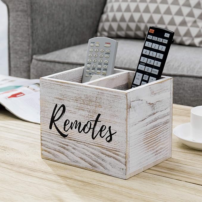 MyGift Remote Control Holder,TV Remote Holder,Wood Remote Caddy for Table,2 Large Compartment,Shabby Whitewashed Solid Wood with Black Cursive Remotes Label