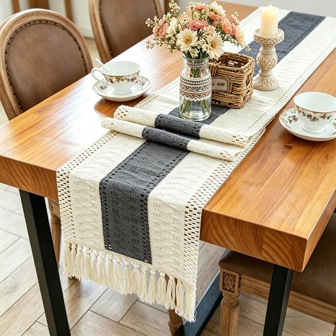 Boho Table Runner for Home Decor with Tassels 72 Inches Long , Farmhouse Rustic Grey Table Runners for Bohemian Kitchen Dining Table(12x72in)