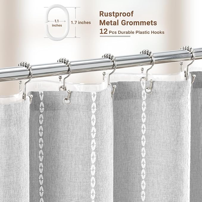 BTTN 3 in 1 Shower Curtain with Liner, 84 Extra Long Boho Linen Striped Cloth Shower Curtain Set with Hook, Tall Farmhouse Bohemian Waterproof Fabric Shower Curtain for Bathroom, Grey/Gray, 72x84