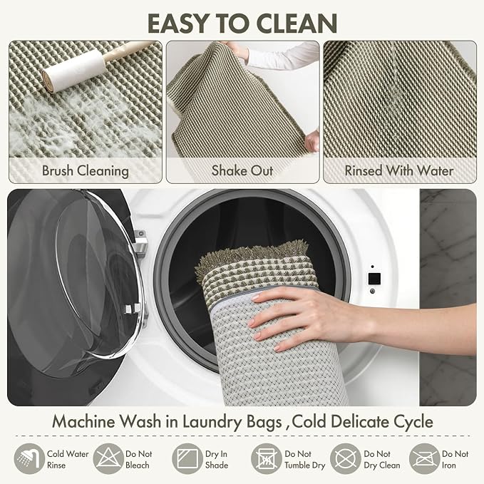 MIULEE Waffle Bathroom Runner Rugs, Super Absorbent Non Slip Bath Rug, Upgraded Soft Quick Dry Washable Boho Long Bath Mat with Tassels for Hallway Laundry Room Bedroom, 2'x4' (24"x48"), Green & Cream