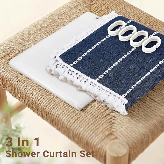 BTTN 3 in 1 Shower Curtain with Liner, 84 Extra Long Boho Linen Striped Cloth Shower Curtain Set with Hook, Tall Farmhouse Bohemian Waterproof Fabric Shower Curtain for Bathroom, Navy Blue, 72x84