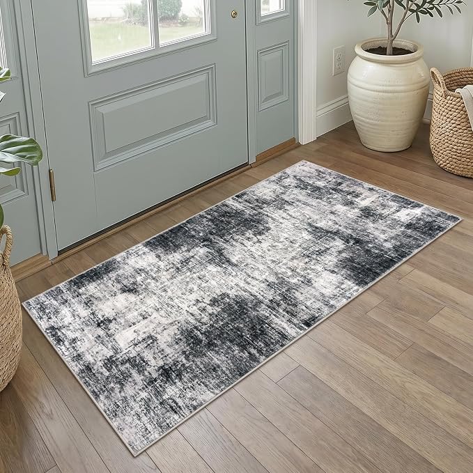 IOHOUZE Abstract Runner Rug 2x4 Ft Entryway Rugs Washable Door Mat Indoor Entrance, Rubber Backed Entryway Runners, Printed Faux Wool Non Slip Floor Carpet for Foyer Front Door Sink, Black Grey