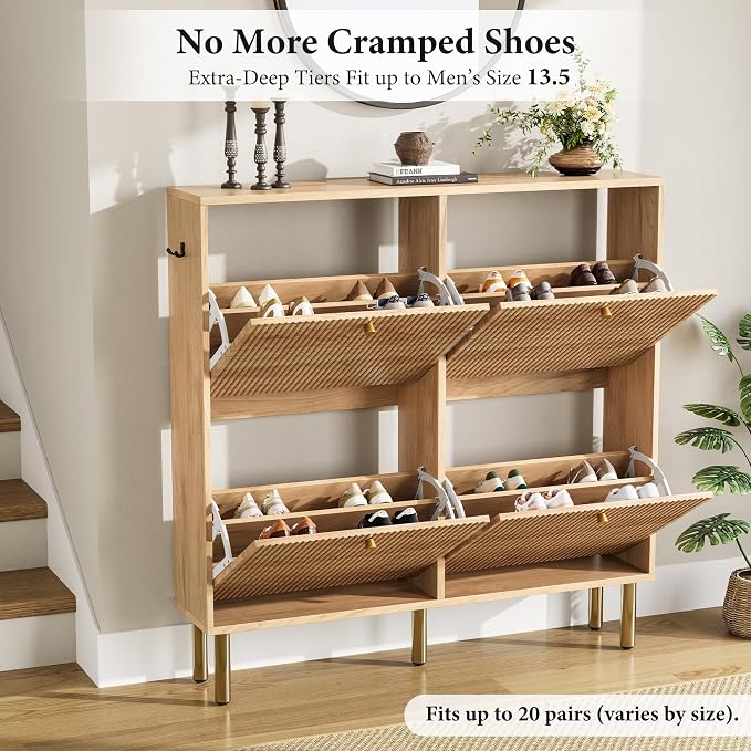 Nicetree Shoe Storage Cabinet for Entryway - Ultra Slim Shoe Cabinet with Tiered Fluted Design - Modern Shoe Organizer with Gold Legs, Hidden Shoe Rack for Small Spaces, Fits Men's Size 13.5