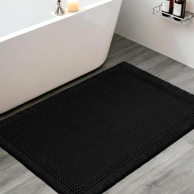 Upgraded Waffle Bath Mat, 32"x20" Black-Bordered, Super Absorbent Non-Slip Quick Dry Bathroom Rugs with Tassels, Machine Washable Ultra Soft Boho Bath Rugs for Floor, Toilet Mats Boho Farmhouse Decor
