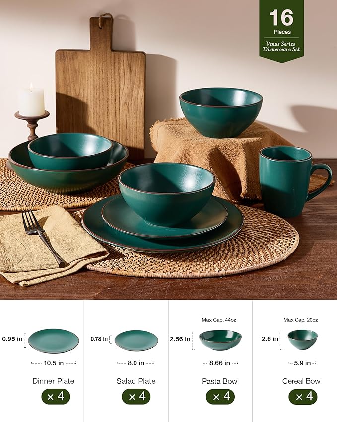 Famiware Venus 16-Piece Stoneware Dinnerware Set with Pasta Bowls for 4, Plates and Double Bowls with Trim for Everyday & Formal Use, Chip Resistant Dishes, Microwave/Dishwasher Safe, Matte Dark Green
