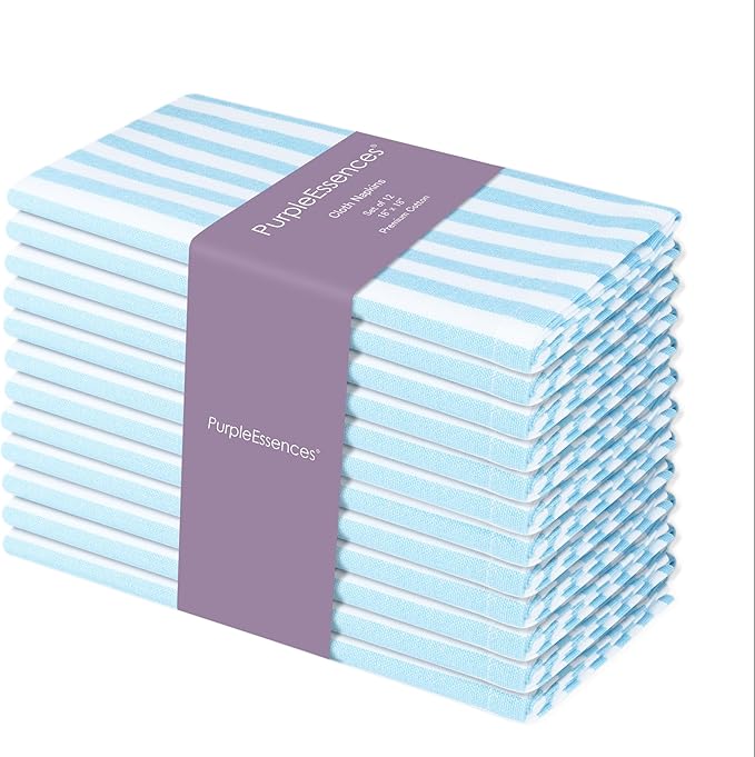 PurpleEssences Plain Striped Cloth Napkins - Set of 12-100% Cotton - 18 x 18 Inch - Spring Easter Summer and Perfect Everyday Use Dinner Napkin - Aqua Blue White