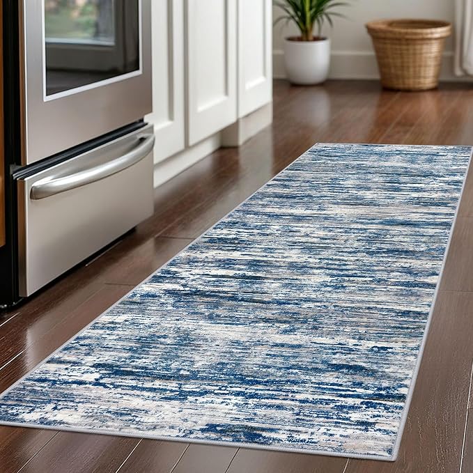 SIILOOM 2x5 Modern Abstract Runner Rug for Hallways, Navy Blue Gray Neutral Multi Super Soft Hallway Decor Kitchen Rugs with Non-Slip, Non-Shedding Washable Rug for Hallways Entryway Bedroom Indoor